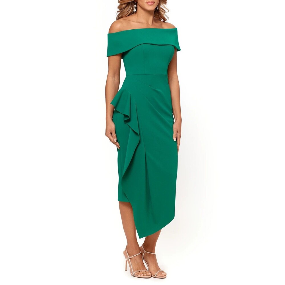 Betsy & Adam Women's Side Pleat Ruffle Off Shoulder Sheath Dress Green 14